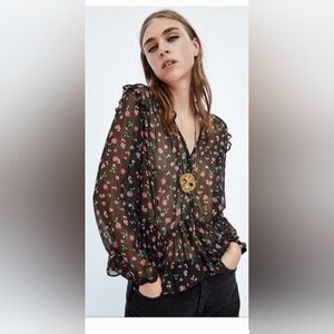 NWOT!Fall Zara Sheer Top Boho Party Metallic Women's Peplum Floral Blouse Medium